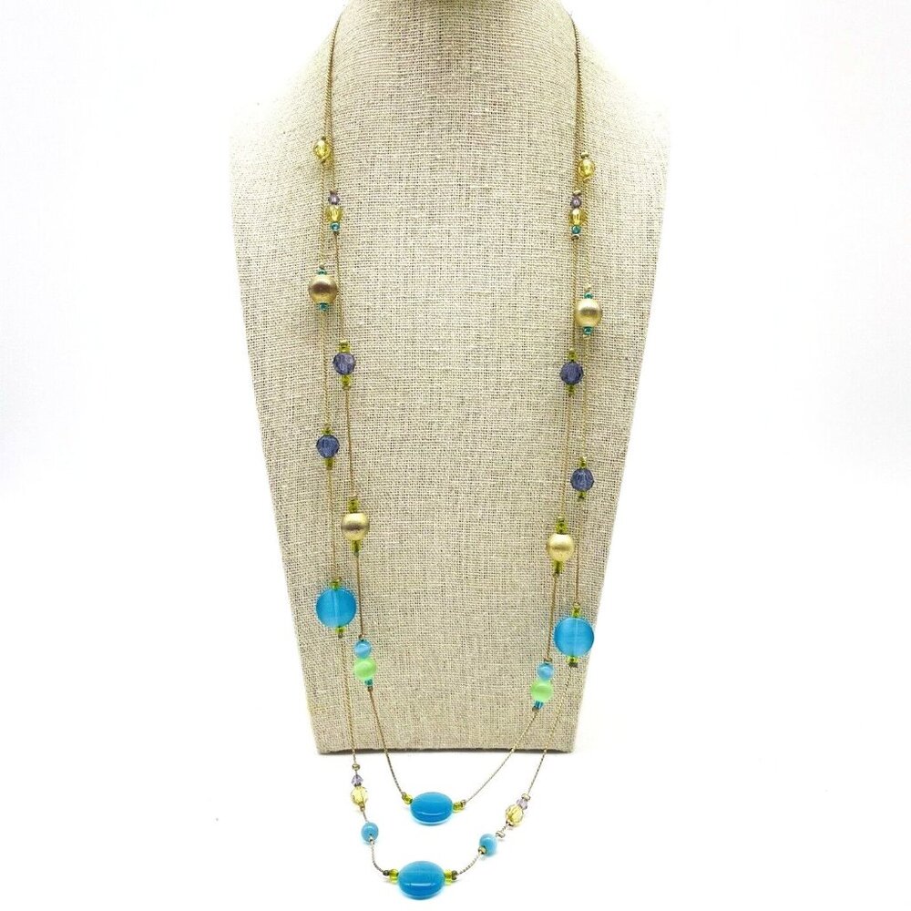 Blue Beaded Layered Necklace Gold Tone Multistrand Boho Style Long Necklace